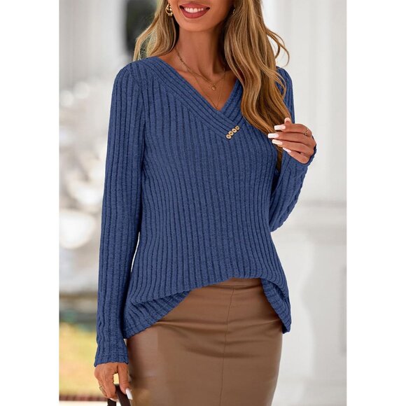 Women's Long Sleeve Ribbed V Neck Tunic Top Lightweight Fall Casual Blouse - Picture 3 of 8